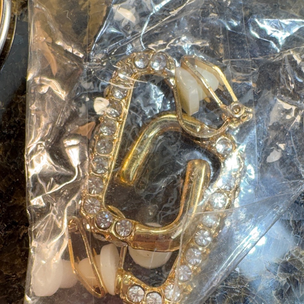 Gold and Crystal rhinestone Clip-On Earrings G shaped new in package